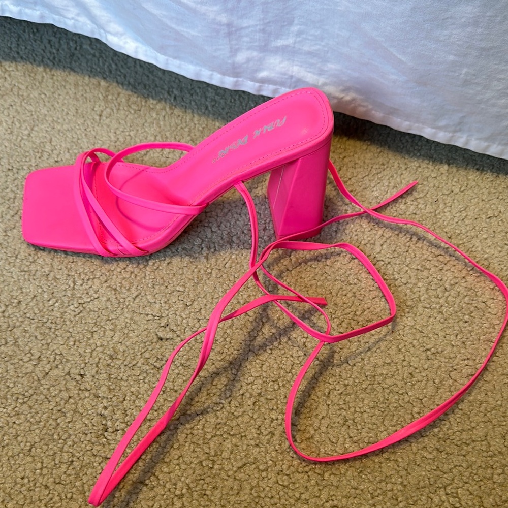 Public Desire Pink Block Heel Mules with Ankle Wrap